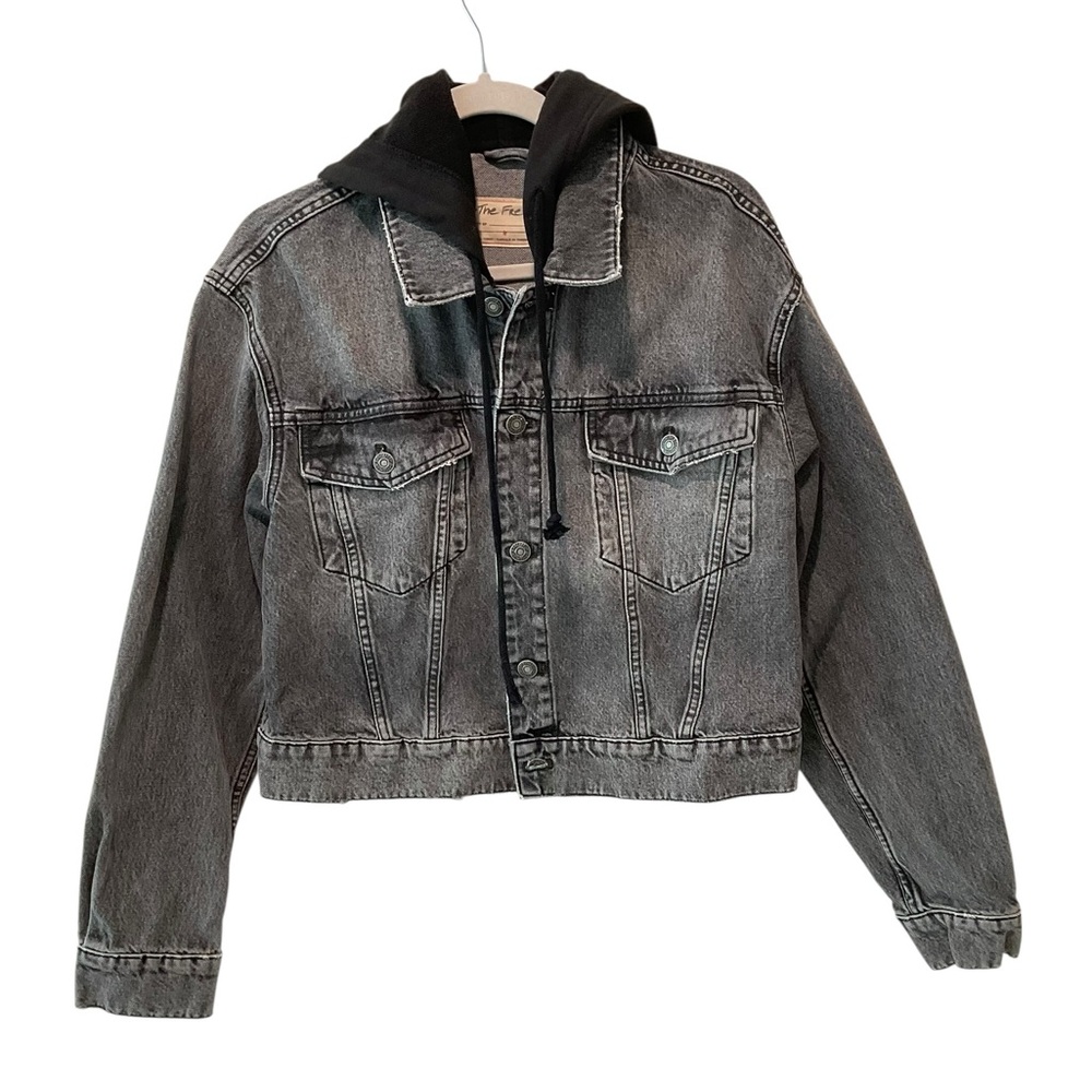Free People We The Free Cropped Denim Hoodie Trucker Jacket Black Medium - Picture 3 of 6